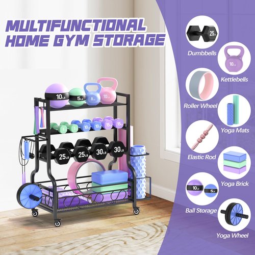 PARTPHONER Adjustable Dumbbell Rack, Weight Rack for Home Gym Storage, Home Gym Storage for Stores Dumbbells, Kettlebells and Yoga Mats, All in One Workout Storage Racks with Wheels and Hooks, Durable Powder Coated Steel