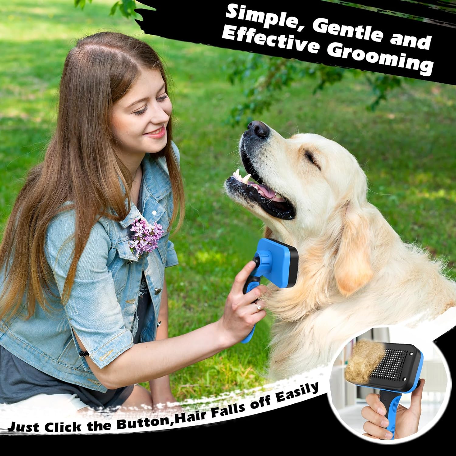 Skiennix Self-Cleaning Slicker Brush Set - Pet Grooming Rake & Flea Comb for Dogs, Cats & Horses | Double-Sided Dematting Tool (Blue)