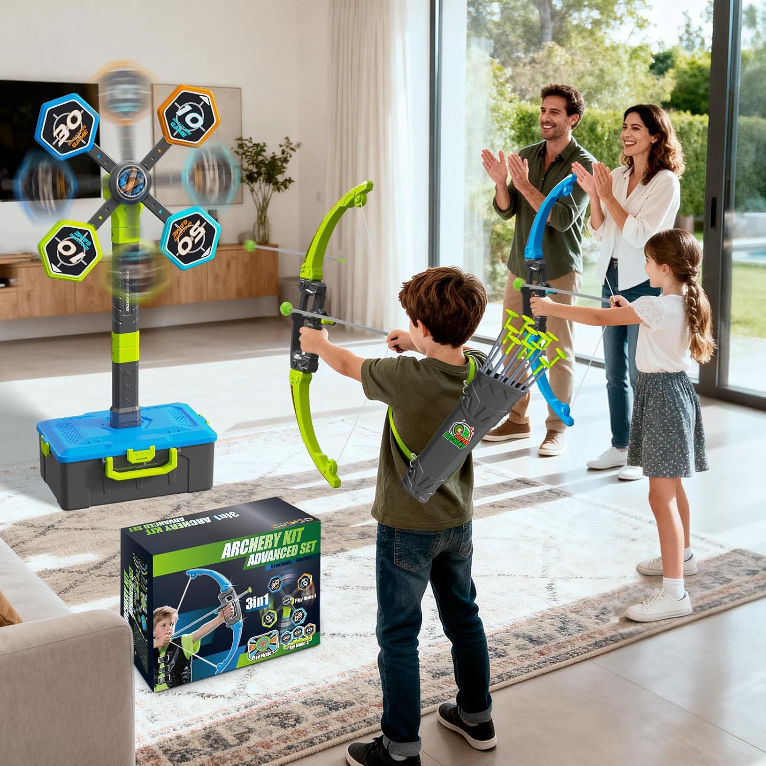 OCHIDO Bow and Arrow Set - 3-in-1 LED Light Up Archery Kit with 4 Targets & 12 Suction Cup Arrows for Kids Ages 5-12