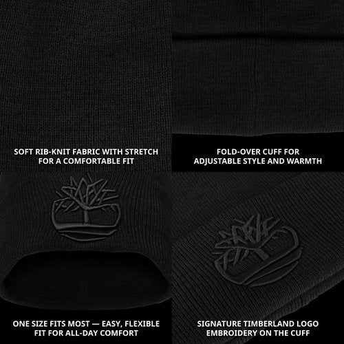 Timberland Men’s Tonal 3D Embroidery Beanie – Soft Knit Winter Hat, Raised Logo, Warm Stretch Fit for Cold Weather Wear, Black, One Size