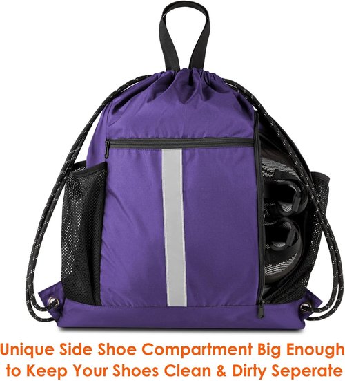 BeeGreen Gym Backpack - Lightweight Purple String Bag with Shoe Compartment & 2 Water Bottle Holders