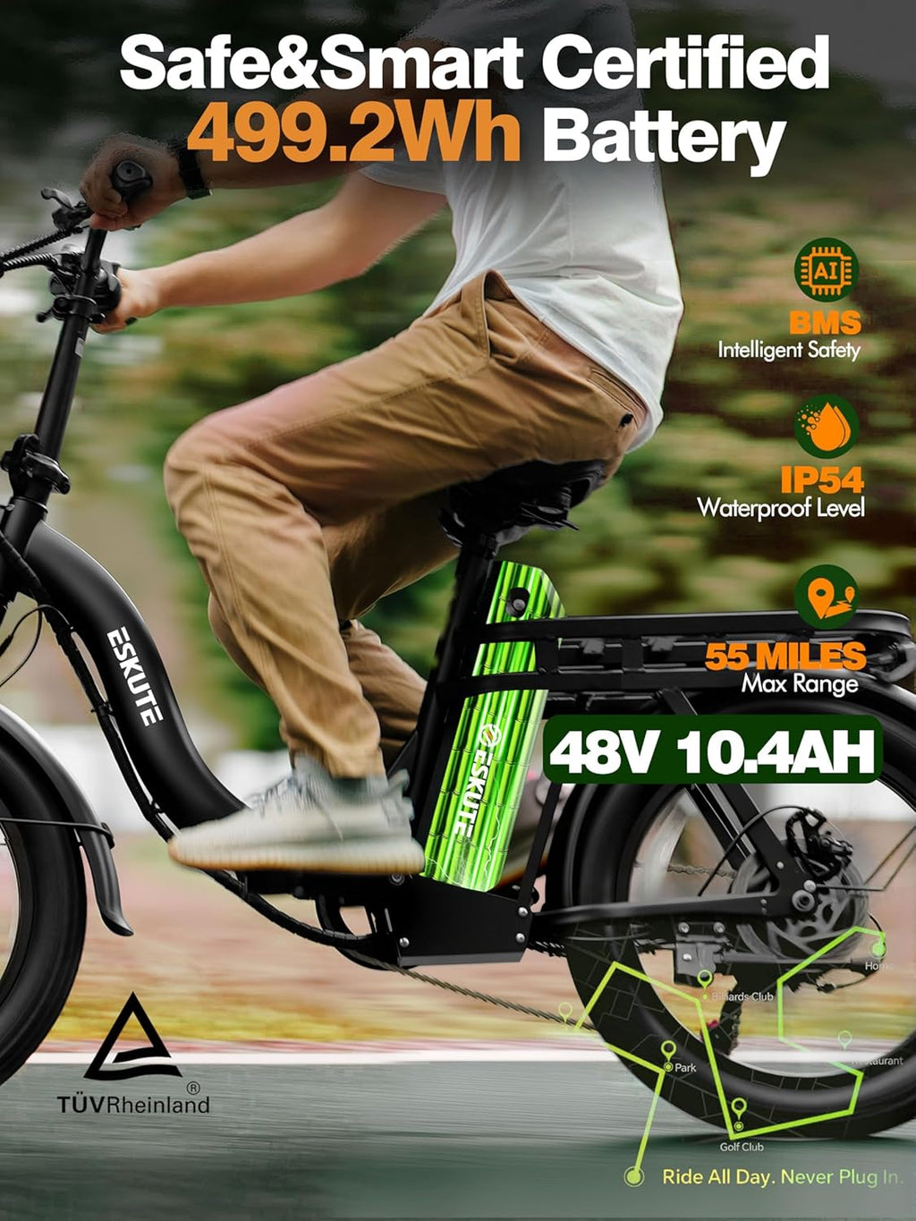 Skiennix 1200W Peak Folding Electric Bike - 28MPH Speed, 55-Mile Range, 20"x3" Fat Tires, 7-Speed Commuter E-Bike