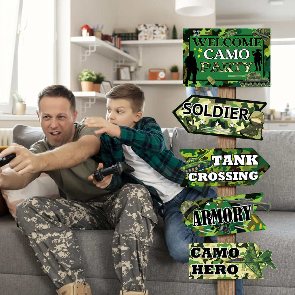 Hooqict 20 Pieces Camo Party Signs Army Birthday Party Decorations Camouflage Military Birthday Party Supplies for Boys Men Army Themed Directional Sign