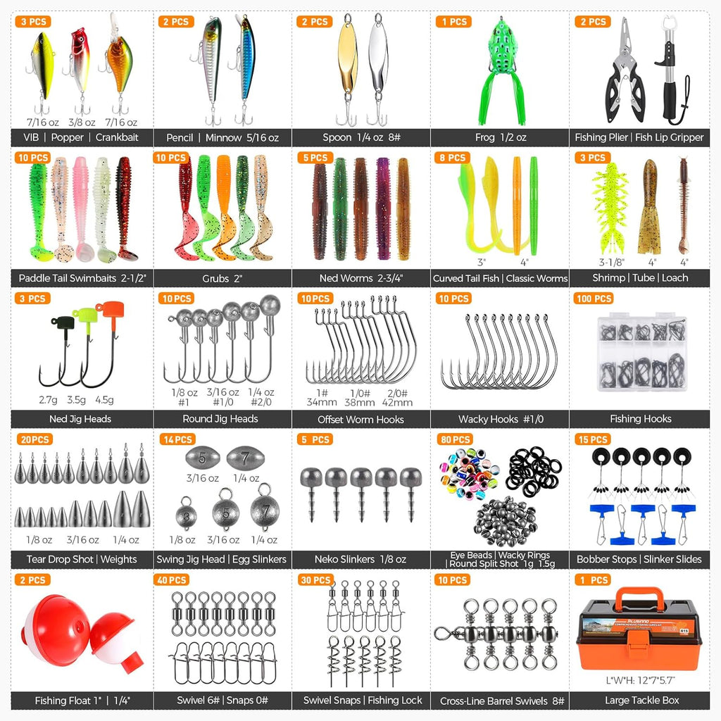 PLUSINNO Large Fishing Tackle Box - 3 Layers with 415Pcs Lures, Pliers & Accessories | Ideal Gift for Men