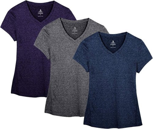 Icyzone Workout Shirts - Women's V-Neck Yoga Tops for Running & Fitness | Short Sleeve Tees (XL, Royal Blue/Purple/Charcoal)