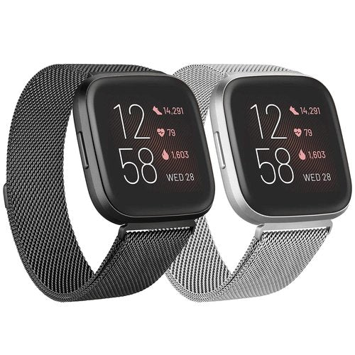 2 Pack Metal Bands Compatible with Fitbit Versa/Fitbit Versa 2 / Fitbit Versa Lite for Women Men, Stainless Steel Mesh Breathable Wristband Strap with Adjustable Magnet Lock (Small, Black+Silver)