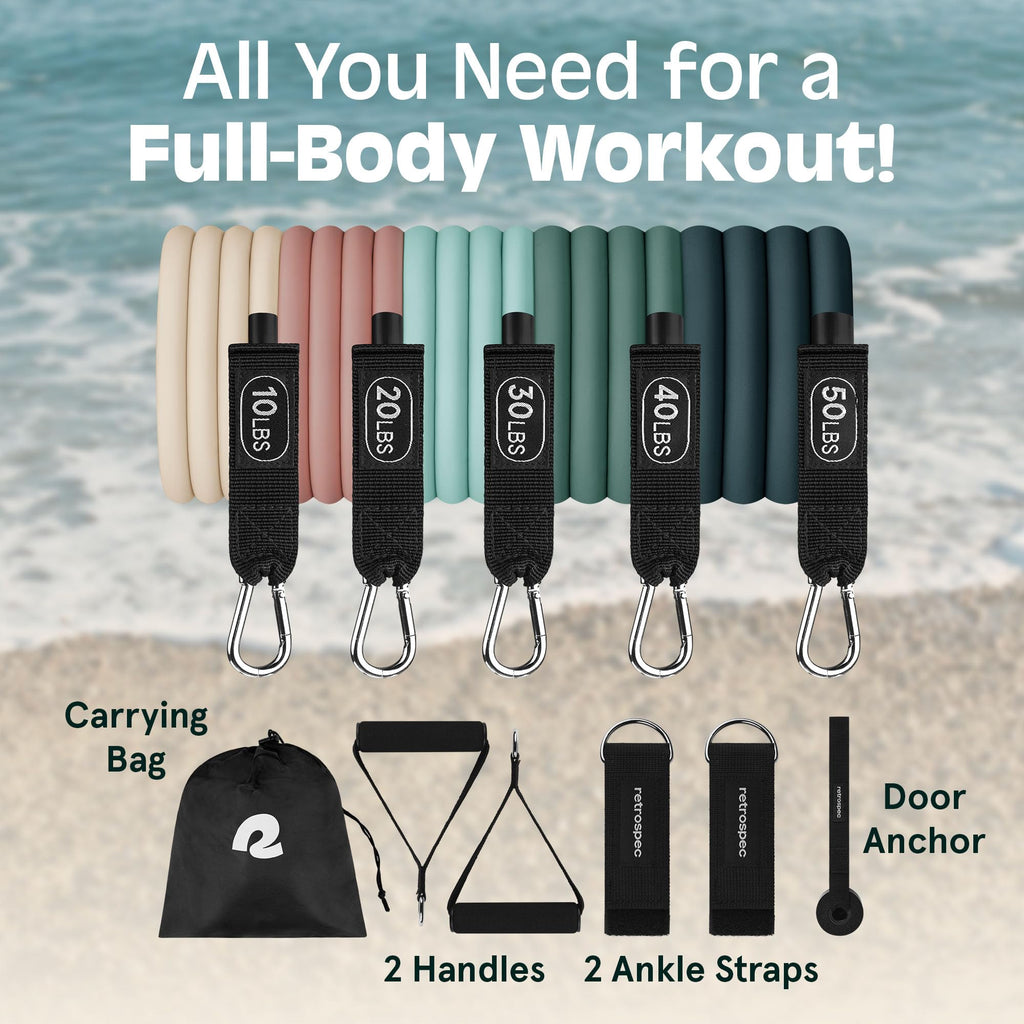 Retrospec Train Resistance Bands Set for Working Out - 5 Stackable Bands, Handles & Door Anchor - Portable Fitness Equipment for Physical Therapy & Yoga Includes Carry Bag