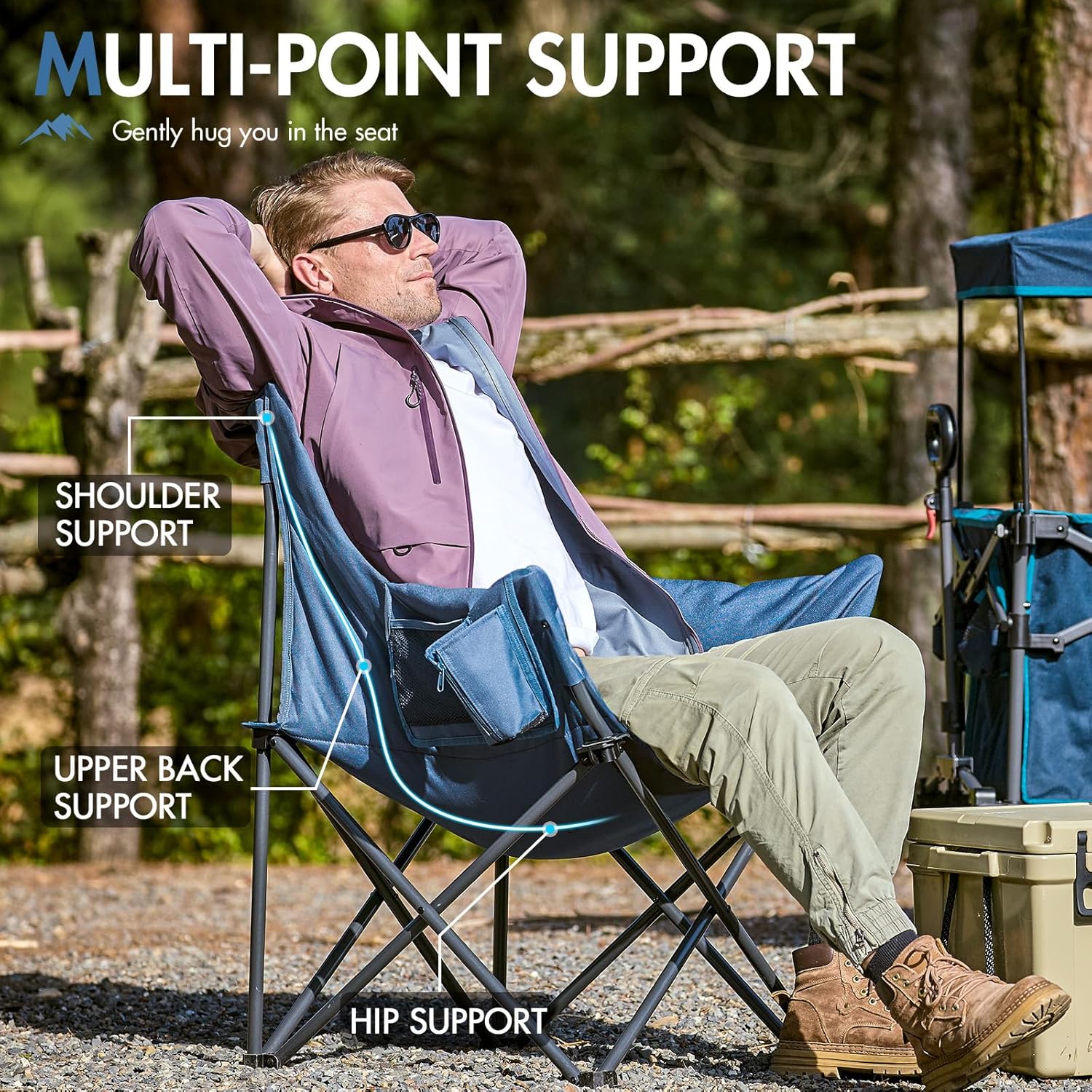 Portal Oversized Padded Camping Chair - Heavy-Duty Folding Chair with Cup Holder & Side Pocket | Supports 350 lbs, Blue