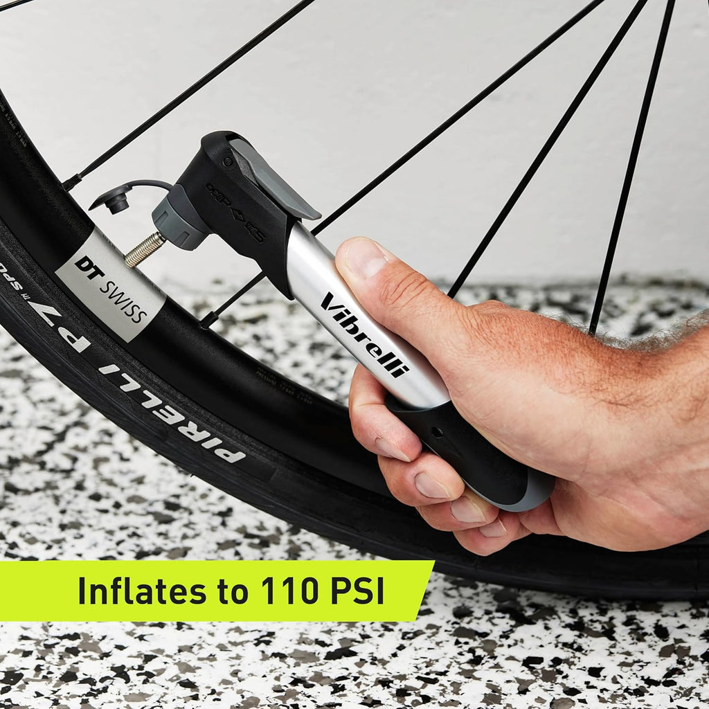 Vibrelli Mini Bike Pump - 120 PSI Presta & Schrader Tire Pump for Road and MTB - No Valve Change Required