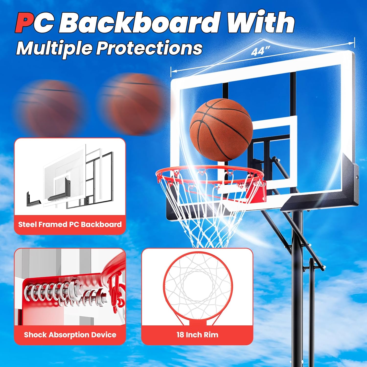 ProBasket Basketball Hoop - 44 Inch Adjustable Backboard | Portable Goal System for Kids & Adults