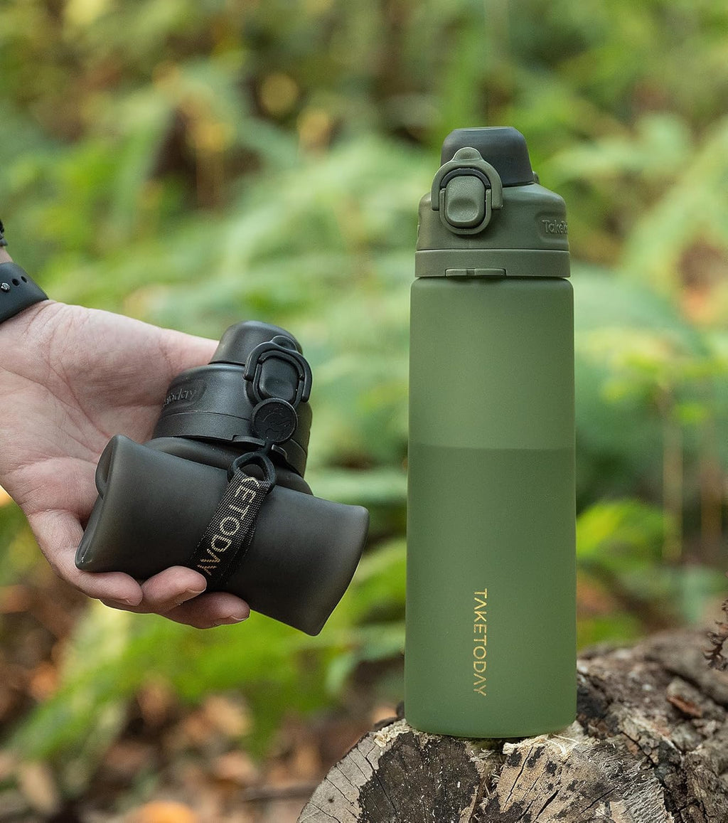 TakeToday Collapsible Water Bottle - 21oz Foldable Platinum Silicone with Straw & Carry Strap | BPA-Free, Leak-Resistant