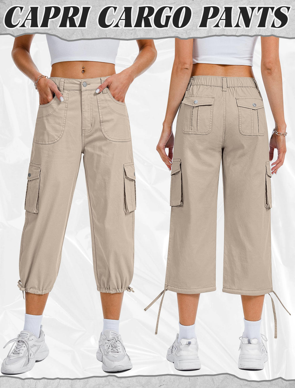 Eddoyee Cargo Capris for Women Pants Cotton Hiking Pants with 6 Pockets Elastic Waist Casual Summer Pants 2026 Khaki