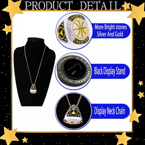 12 Pcs Basketball Championship Rings Basketball Ring Sport Ball Trophy Award Gift With Display Neck Chain and Stand for Tournament or League Champion Winner (12pcs gold basketball rings, size 8)