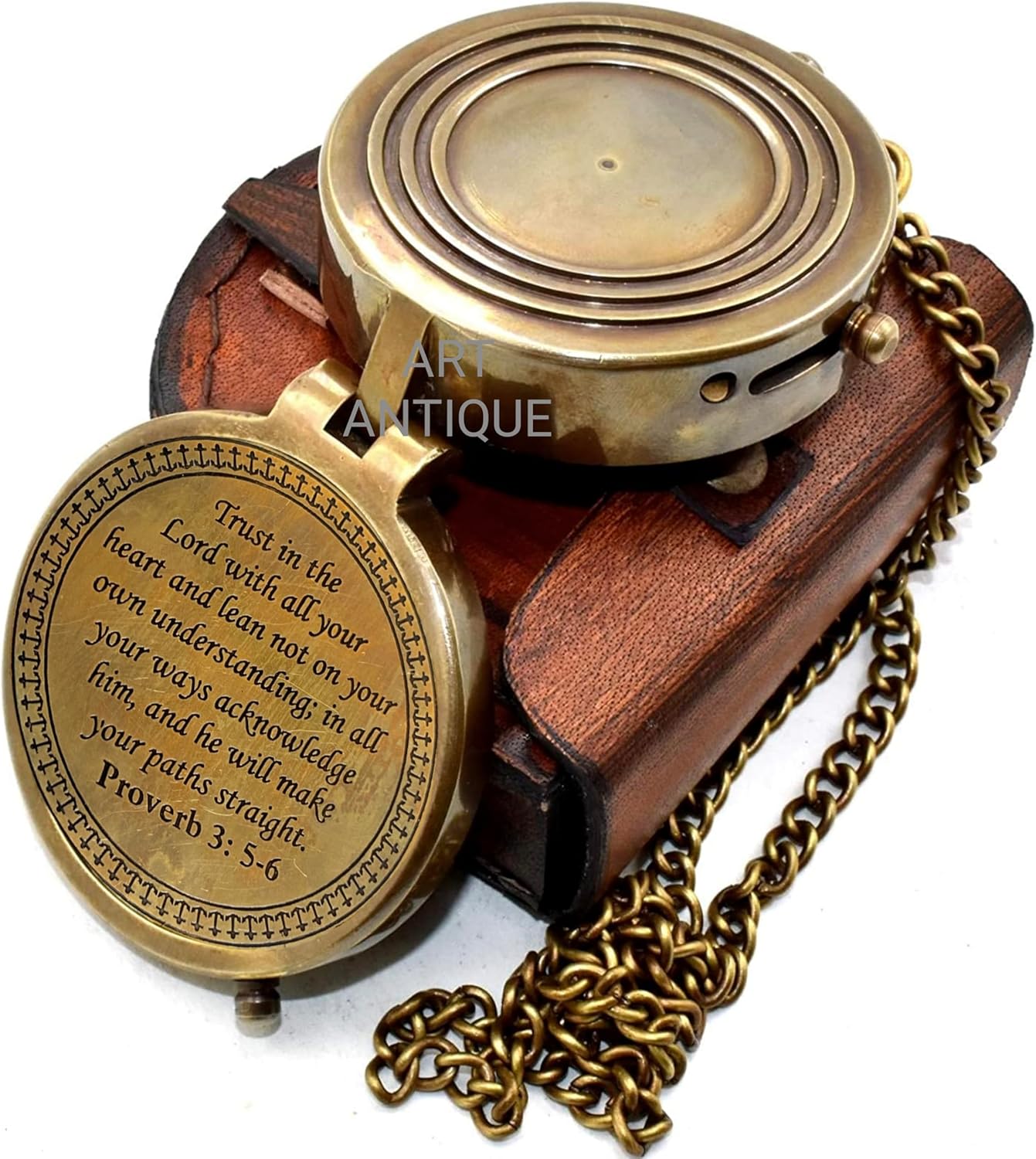 Trust In The Lord Brass Compass - Engraved Proverbs 3:5-6 Inspirational Pocket Compass with Leather Case | Perfect Christian Gift for Graduation or Birthday