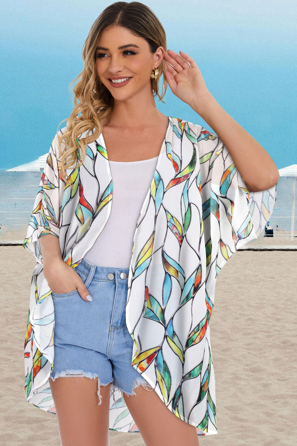 Womens Short Cardigans Casual Cover Up Open Front Kimono Tops Bathings Suit Shawl (White Colorful Leaves,M)
