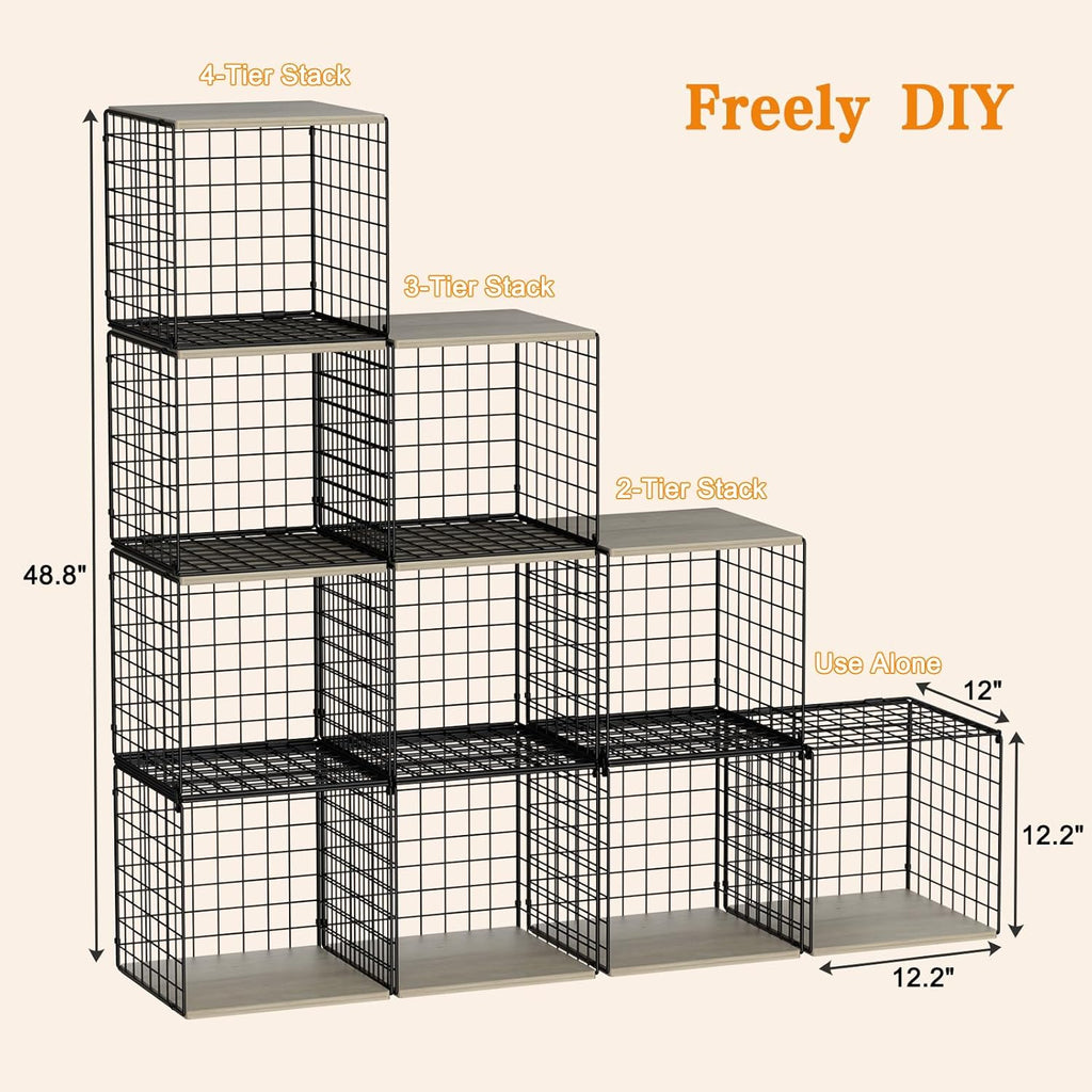 Skiennix 4-Tier Stackable Closet Organizer - Space-Saving Storage Baskets with Wood Top | Black