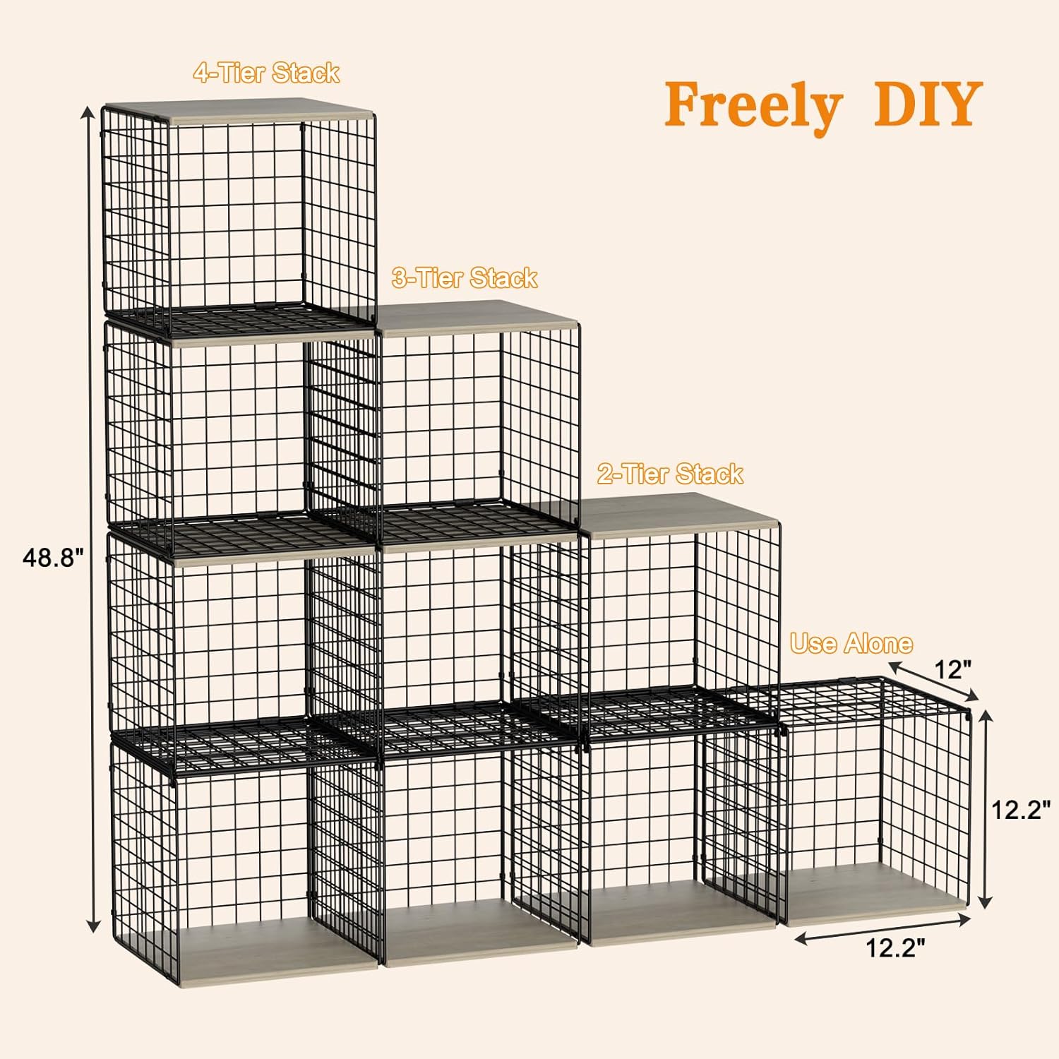 Skiennix 4-Tier Stackable Closet Organizer - Space-Saving Storage Baskets with Wood Top | Black