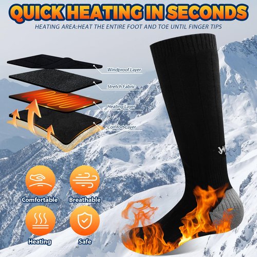 Heated Socks for Men Women, New Rechargeable Heated Socks, 5000 mAh Extra Large Battery, Long Life Up to 65 °C Large Heating Area, Unisex Foot Warmer for Outdoor Skiing, Winter Camping, Hiking