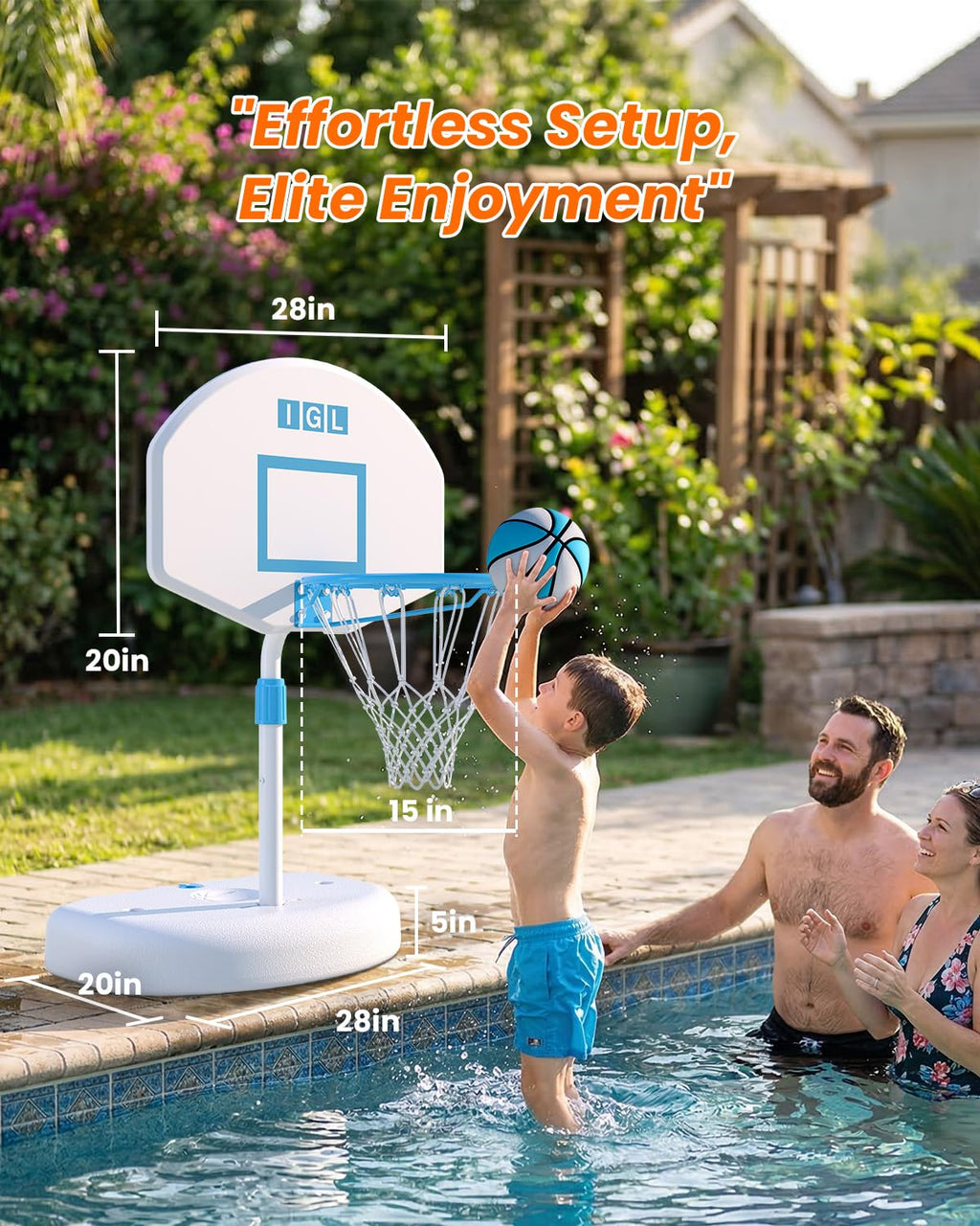 IGL Pool Basketball Hoop, 28in Backboard, Adjustable Height 28-36in, White