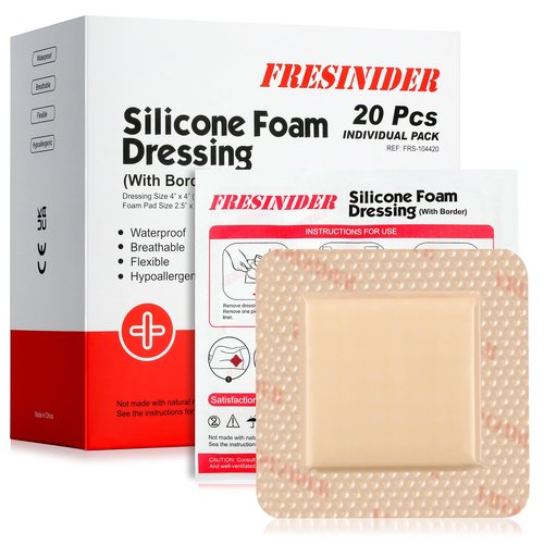 FRESINIDER Silicone Foam Dressing with Adhesive Border – Wound Dressing Bandage – Silicone Foam Pad – Pack of 20 – 4 x 4 Inches Large Waterproof Bandages – Self Adhesive Wound Care and Dressings