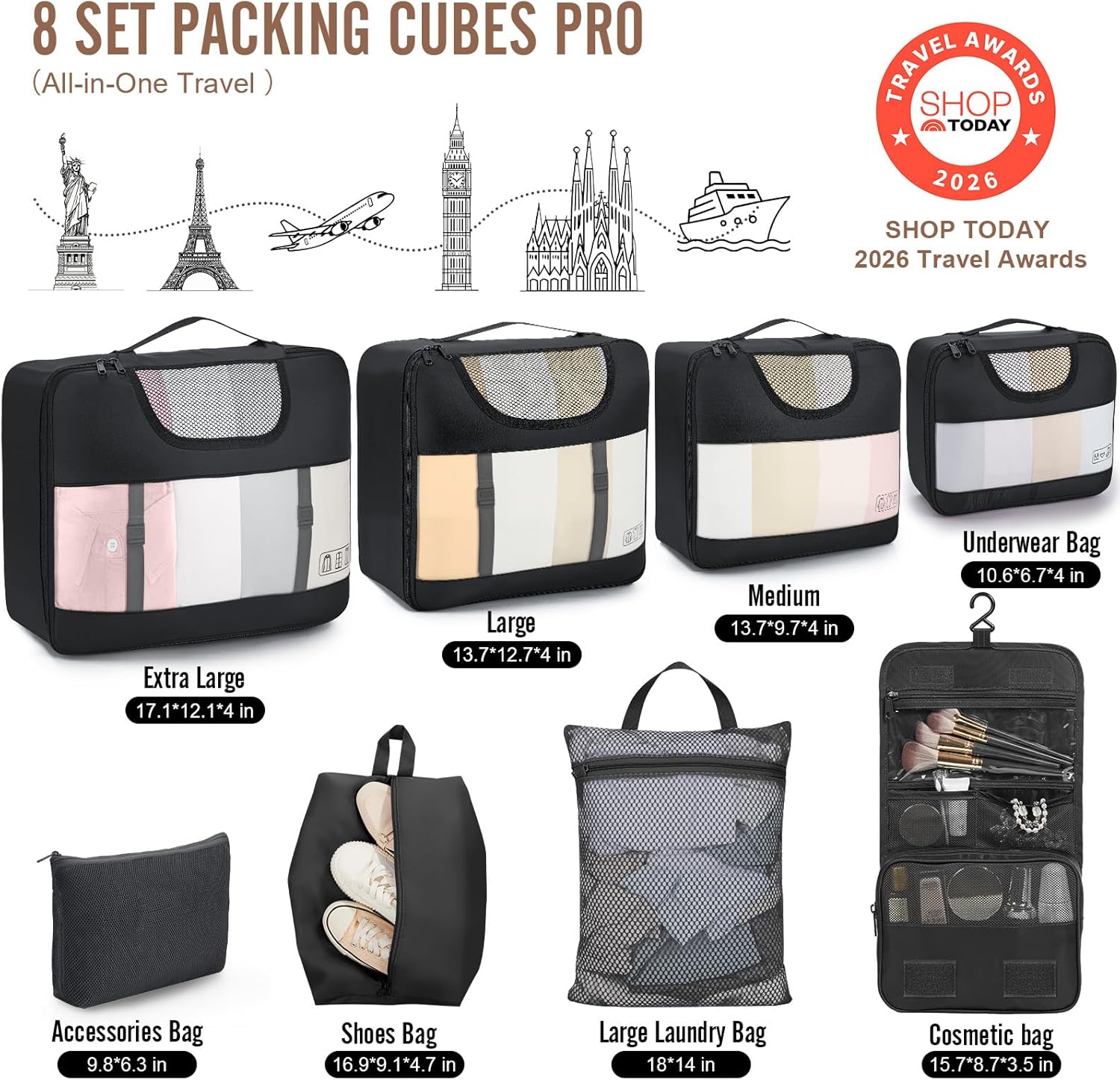 Veken Packing Cubes Set - Travel Organizer Bags with Laundry Bag & Passport Holder | 4 Sizes for Suitcase