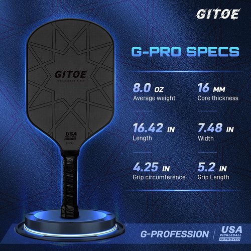 GITOE G-Pro Pickleball Paddle – 16MM Raw Carbon Fiber T700 Pickleball Paddle with High Spin, Control & Power – 2025 USAPA Approved for ‎Professional Players