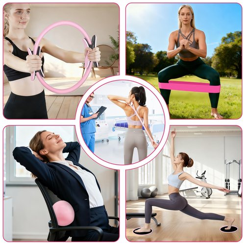 Hoedia Pilates Kit for Women, Pilates Equipment Ring and Ball Set with Resistance Bands, Yoga Strap, Core Sliders, Socks, Bag & Guide for Starter Home Workout Fitness Gym Essentials, Pink