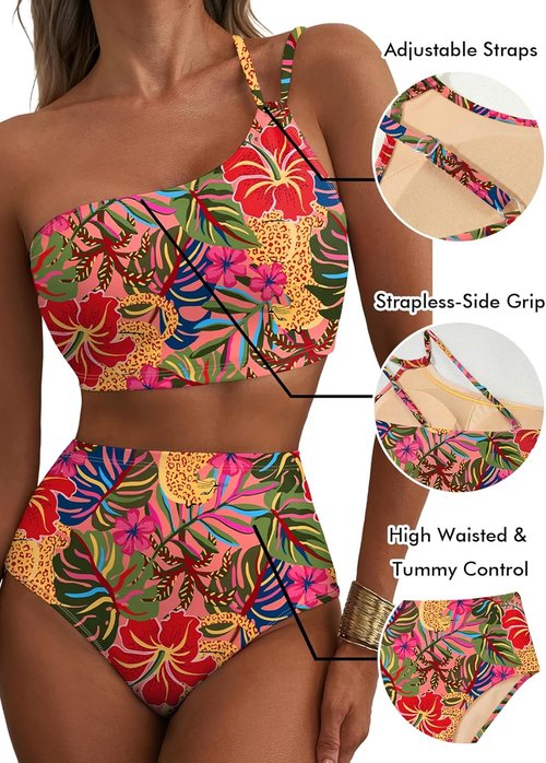 Herseas Women's High Waisted Bikini Set - One Shoulder Floral Print | Tummy Control 2-Piece Swimsuit
