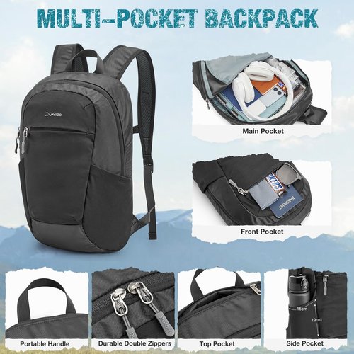G4Free Packable Hiking Backpack 20L Lightweight Foldable Travel Daypack with Thickened Back Panel for Men Women(Black)
