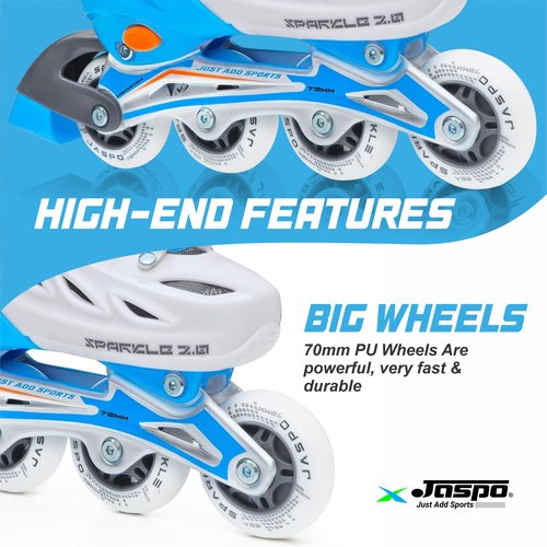 Jaspo Sparkle 2.0 Convertible Adjustable Inline Quad Roller Skates, 2-in-1 Design,Aluminium Chassis, 70Mm Pu 85A Wheels, PVC Shoe, Breathable Mesh-for Kids Youth Blue White, M