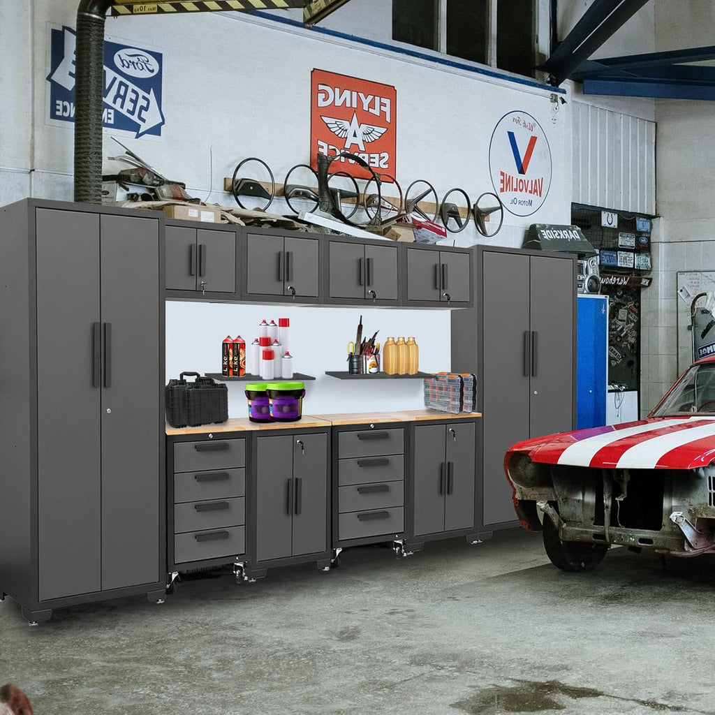 Torin Garage Storage Cabinet Set - 12 Piece Tool Organizer with Lockers, Shelves & Workbench | Black/Grey