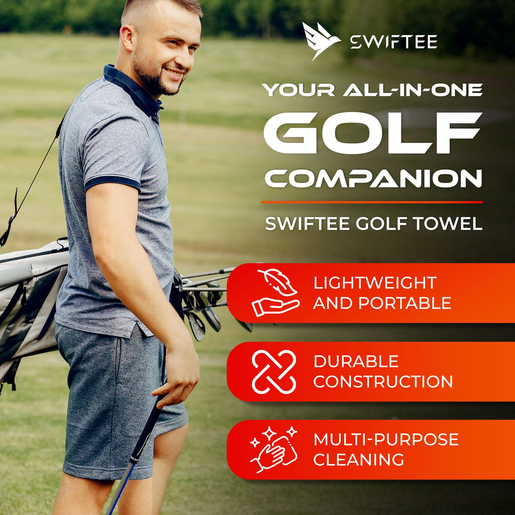 SWIFTEE Ultimate 4-in-1 Premium Golf Towel with Built-in Brush, Magnet, Ball Marker & Carabiner - 760GSM Microfibre Waffle Towel with Inner Wet Dry Liner (Grey)