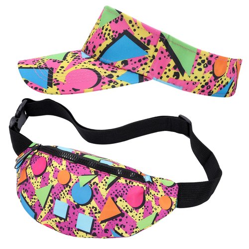 2 Pcs 80s 90s Fanny Pack Sun Visor Hat Waist Bag 80s 90s Outfit Retro Summer Sports Party Fashion Accessories for Men Women (Pink)