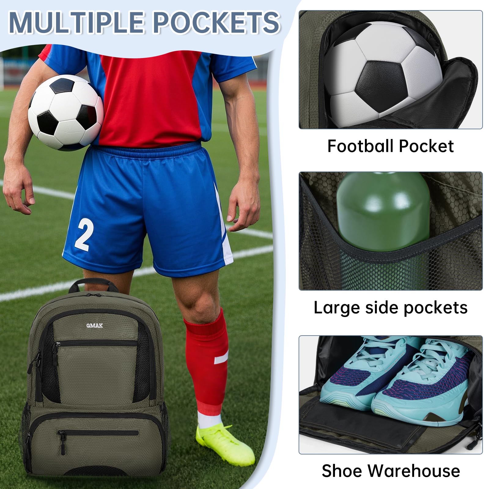 GMAK Soccer Backpack, Soccer Bag with Ball Compartment & Shoe Compartment for Football, Basketball, Volleyball, Water resistant Sport Equipment Bags, Lightweight Training Package for Youth, Grey