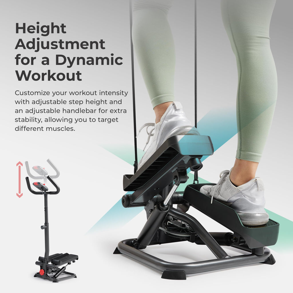 Sunny Health & Fitness Total Body 2-in-1 Smart Stepper Machine for Home with Handlebar and Resistance Bands, Total Body Workout, Adjustable Hydraulic, LCD Monitor, Non-Slip Pedals – 330 LB Max Weight