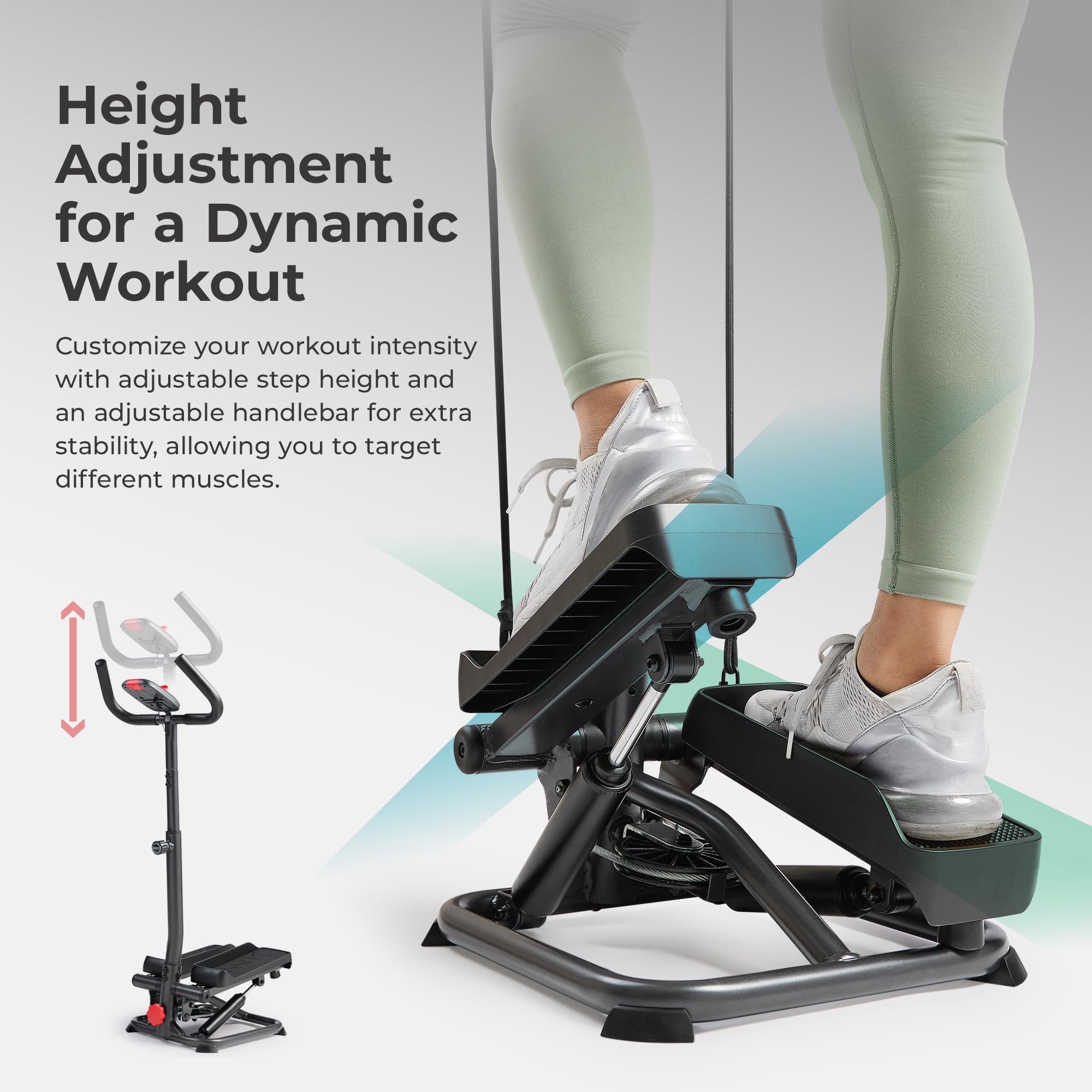Sunny Health & Fitness Total Body 2-in-1 Smart Stepper Machine for Home with Handlebar and Resistance Bands, Total Body Workout, Adjustable Hydraulic, LCD Monitor, Non-Slip Pedals – 330 LB Max Weight