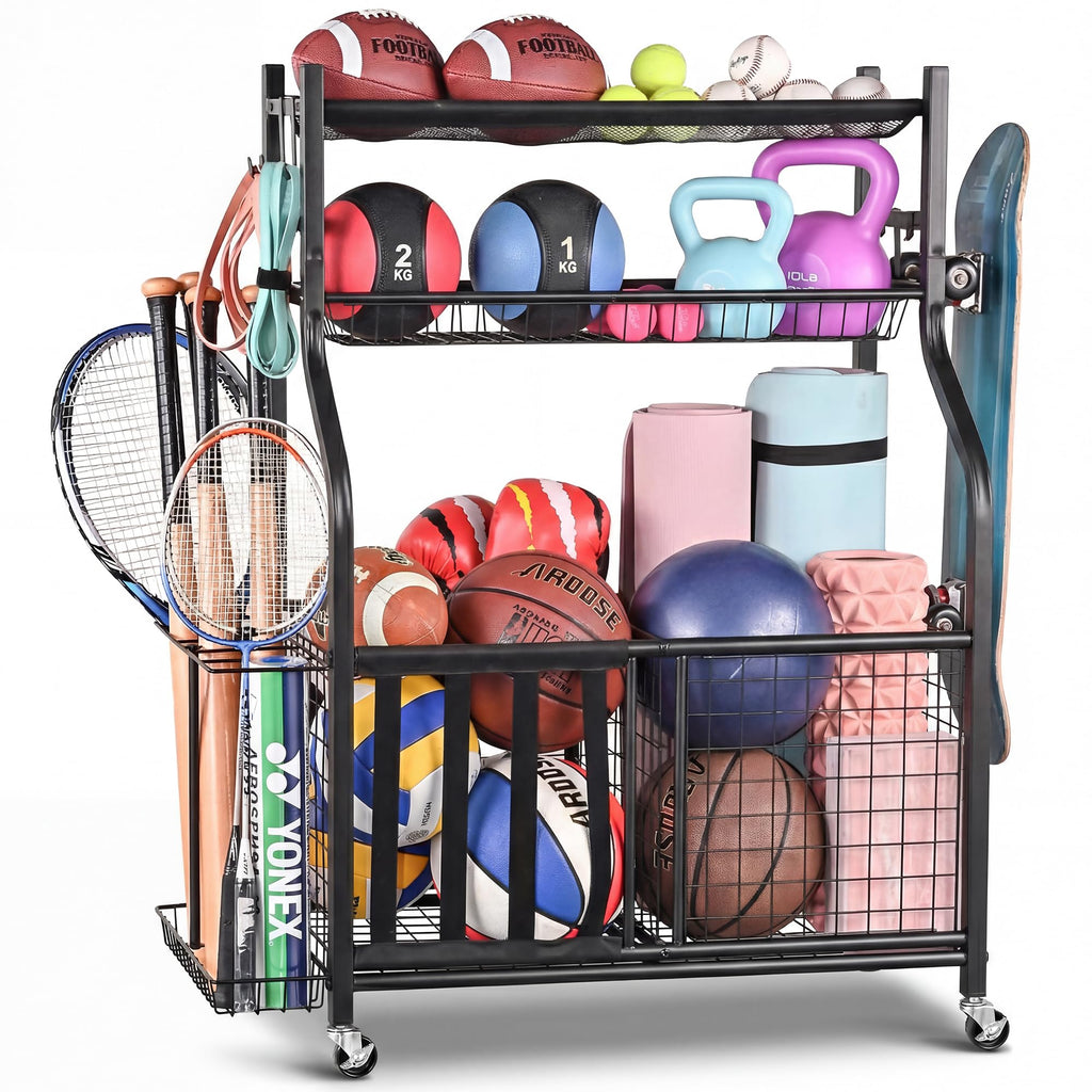 PLKOW Sports Equipment Organizer - Garage Storage Rack with Basket and Hooks, Garage Ball Storage for Toy and Sports Gear, Black