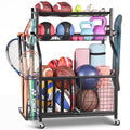PLKOW Sports Equipment Organizer - Garage Storage Rack with Basket and Hooks, Garage Ball Storage for Toy and Sports Gear, Black