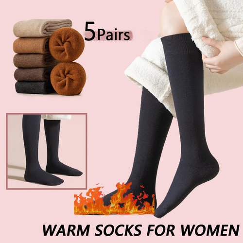 YIZAO 5 Pairs Warm Knee High Socks for Women-Thermal Cotton Socks for Hiking,Work,Winter,Gifts