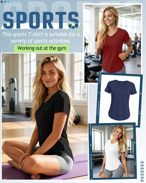 Locoowai Women's V-Neck Workout Shirts - Quick Dry, UPF 50+ UV Protection, 5 Pack | Short Sleeve, Side Slits