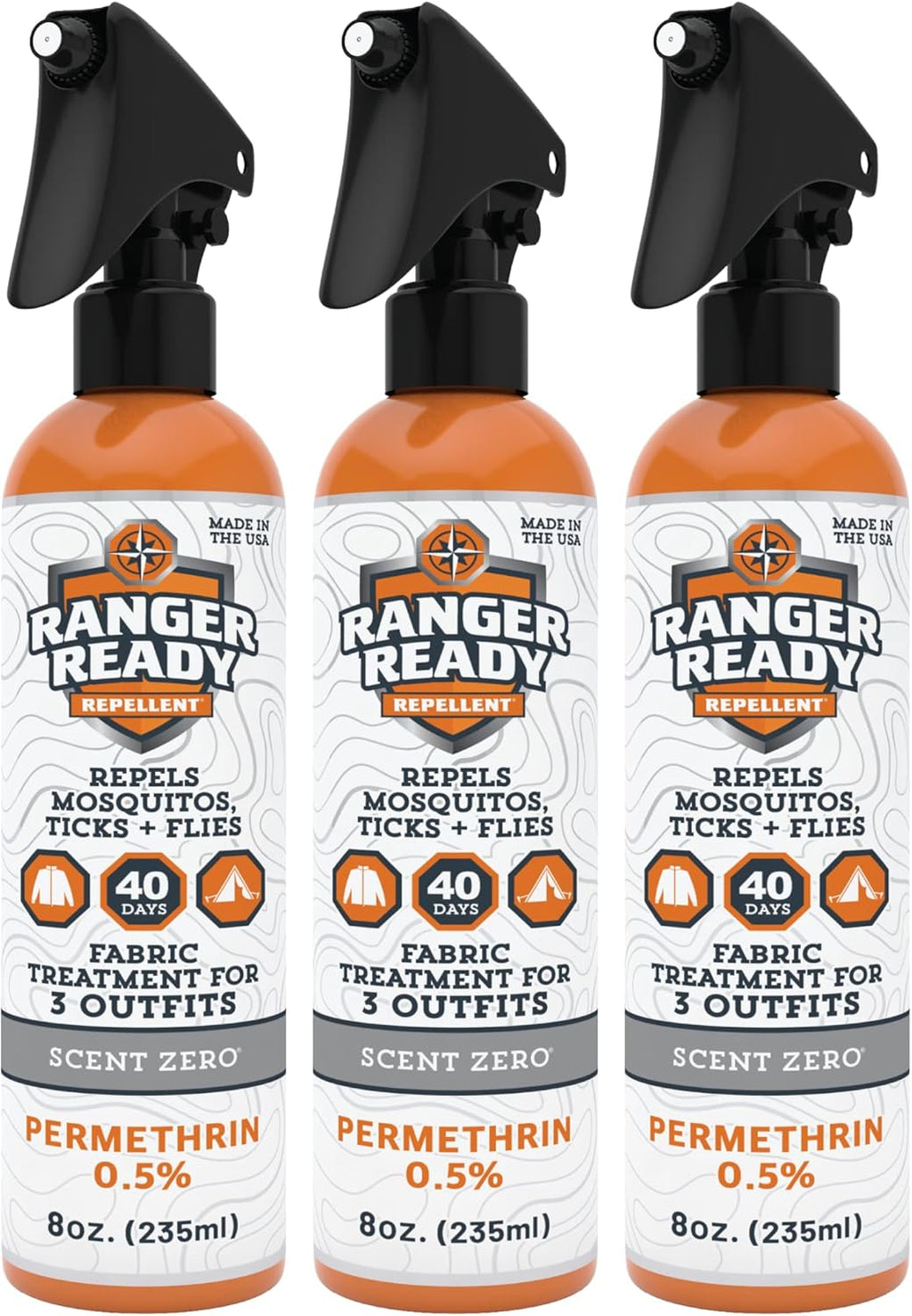 Ranger Ready Permethrin Spray | Insect & Tick Repellent for Clothes & Gear - Scent Zero (8oz, Pack of 3)