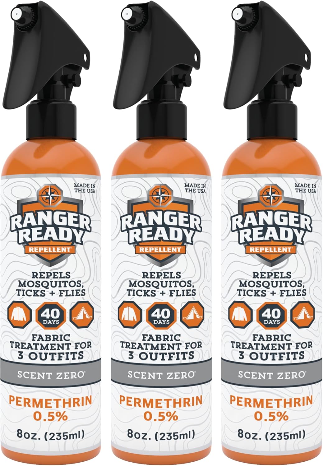Ranger Ready Permethrin Spray | Insect & Tick Repellent for Clothes & Gear - Scent Zero (8oz, Pack of 3)
