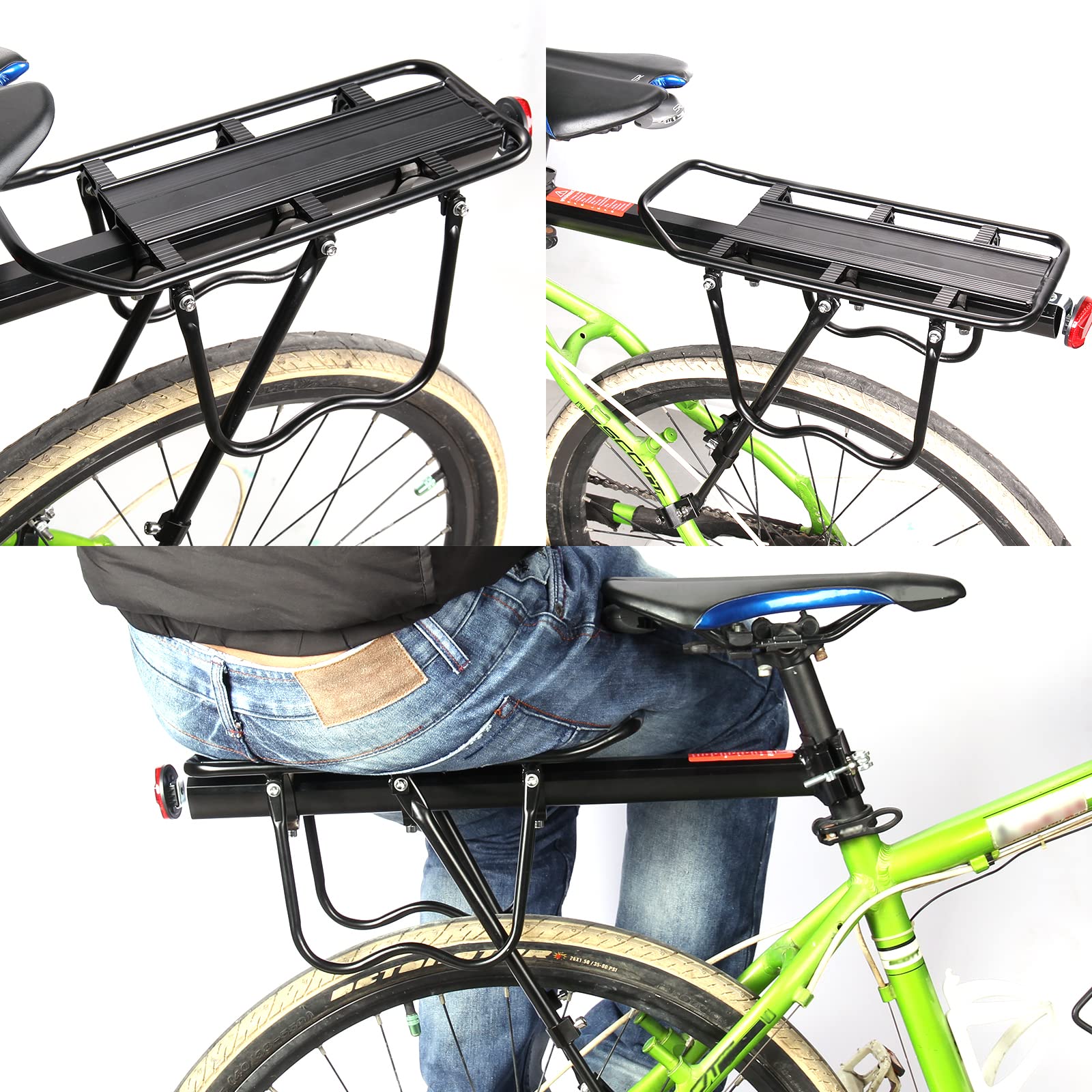 Rear Bike Rack, 110 lbs / 50KGS Bike Cargo Racks Frame Aluminum Alloy Universal Adjustable Cycling Equipment Stand Footstock Bicycle Luggage Carrier with Tools and Reflector for 26"-29" Frames