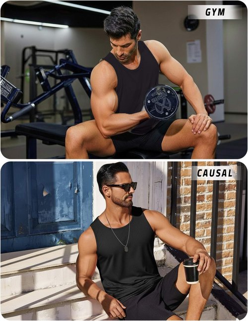 PINSPARK Mens Tank Tops Summer Quick Dry Athletic Sleeveless Shirts UPF 50+ Gym Workout Running Beach Muscle Tee Breathable Black