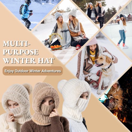 Women’s Knitted Beanie Hat with Face Cover - 3 in 1 Winter Balaclava with Mask Scarf Ear Muffs Pompom Fleece Lined Snow Caps