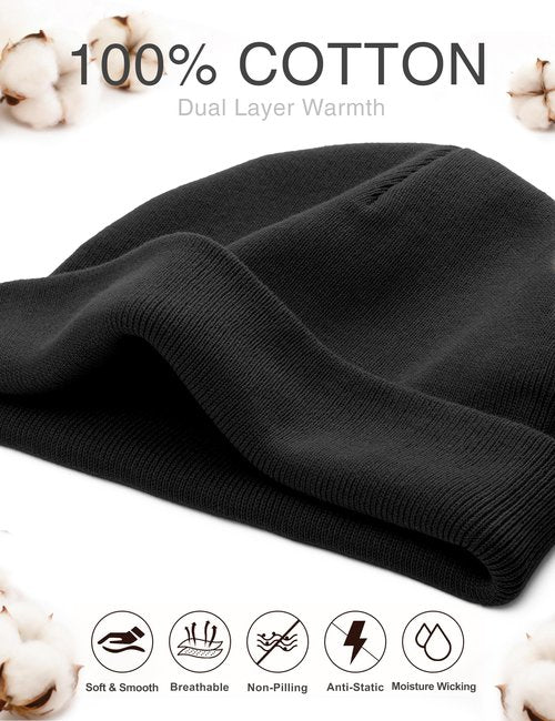 100% Cotton No Cuff Beanie Hat for Men Women, Cuffless Soft Warm Unisex Ribbed Knit Winter Fisherman Skull Cap, Black