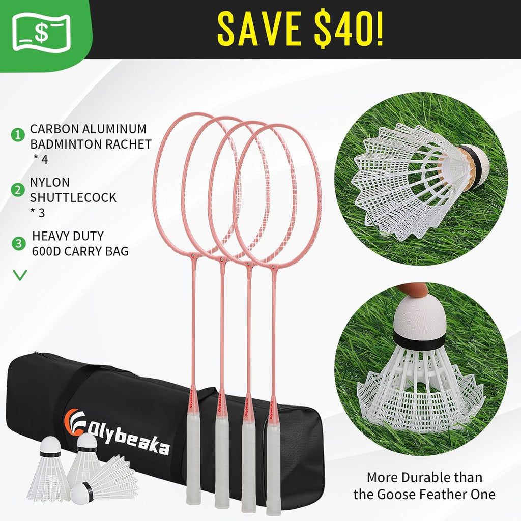Outdoor Badminton Net Set - 20x3ft Anti-Sag Net, 4 Aluminum Rackets & 3 Shuttlecocks | Portable Family Fun