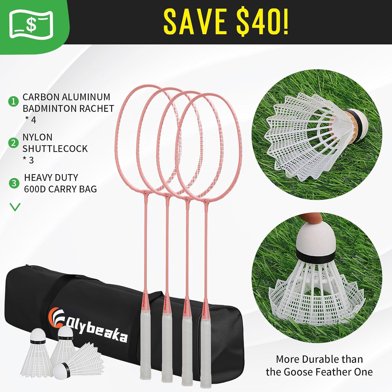 Outdoor Badminton Net Set - 20x3ft Anti-Sag Net, 4 Aluminum Rackets & 3 Shuttlecocks | Portable Family Fun