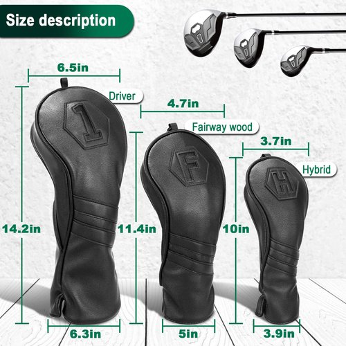 Premium Golf Club Covers, 3 Pack Golf Club Head Covers for Driver, Fairway Woods and Hybrid, Golf Head Covers Fit Most Golf Clubs PU Leather Classic Black