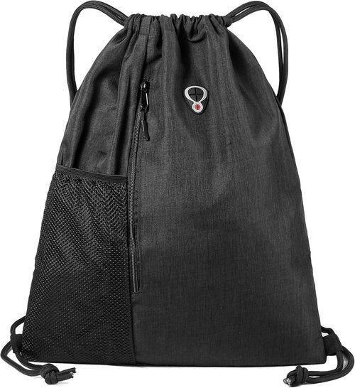 BeeGreen Large Black Drawstring Backpack | Versatile Gym Bag with Water Bottle Pocket & Zippered Front Pocket